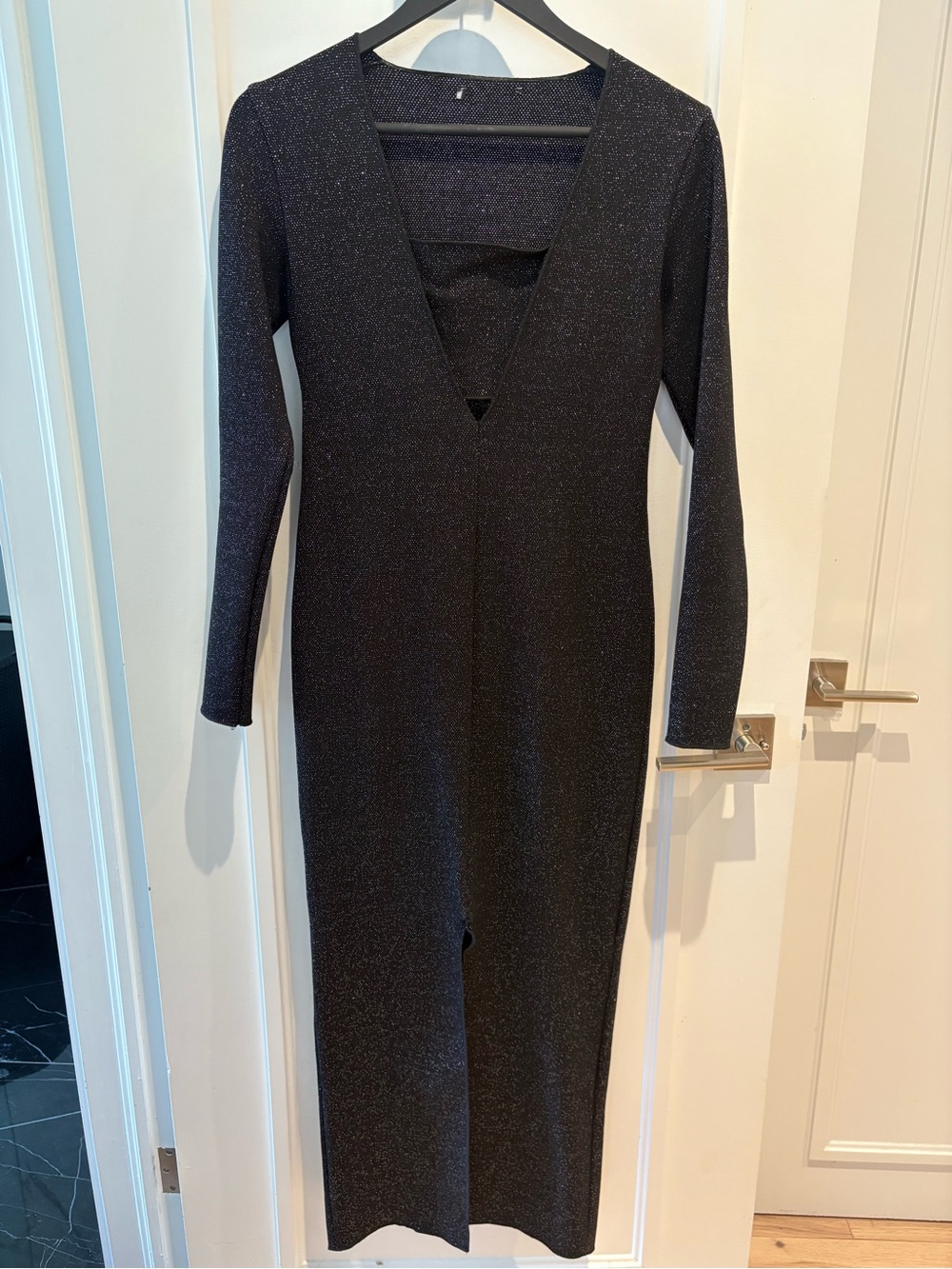 Long Sleeve Sparkle V-Neck Black Dress